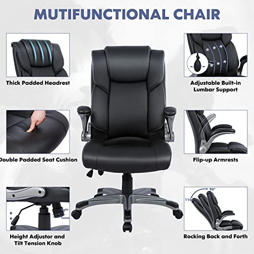 Ergonomic Office Chair with Inflatable Lumbar Support & Flip-Up Arms - Black