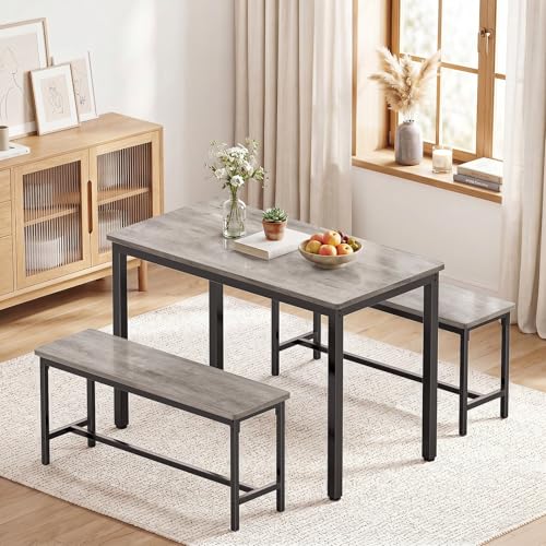 FAVSH Grey Dining Table Set for 4 with 2 Benches - Space-Saving Modern Kitchen Furniture
