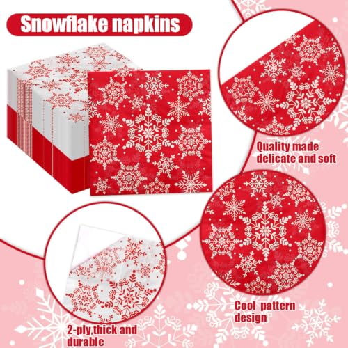 100 Pcs Christmas Snowflake Napkins - Red & White Holiday Paper Napkins for Xmas Party