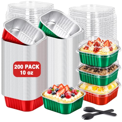 DeziWood 200-Pack 10 oz Christmas Mini Aluminum Cake Pans with Lids, Spoons & Red Green Variation