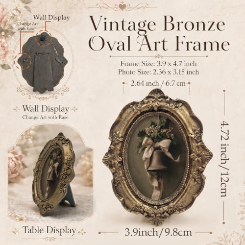 Small Christmas Bell Bow Vintage Oval Picture Frame 3.9x4.7in