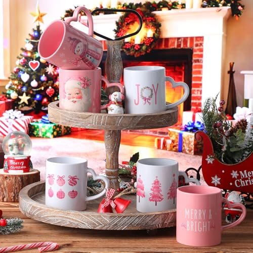 Pink Christmas Mug Set of 6, 10 oz Ceramic Holiday Coffee Cups - Festive Decor