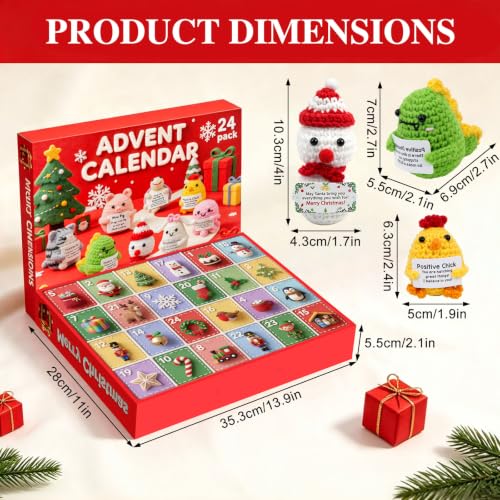 Red Handmade Crochet Animal Advent Calendar 24 Days Christmas Countdown with Positivity Cards for Kids Teens Adults