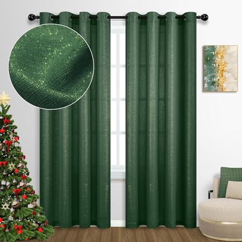 52x84 in Green and Gold Curtains 2 Panels Grommet Semi-Sheer Glitter Sparkle