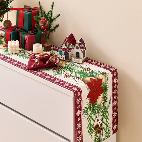 SITUMEIZI Poinsettia Christmas Table Runner Red-White 13x72 Inch Snowflake Holiday Decor