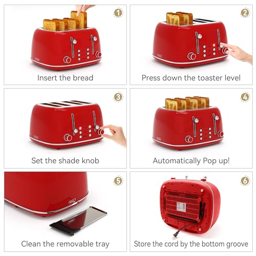 Toaster 4 Slice, Retro Stainless with 6 Bread Shade