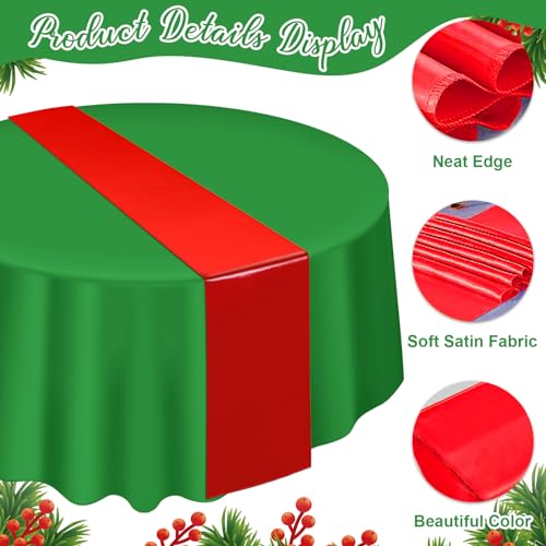 MASHAN 12 Pack Green Red Satin Table Runners & 84-Inch Plastic Christmas Tablecloths Set