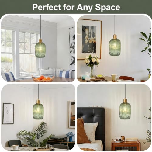 2 Pack Pendant Lights with Vintage Green Ribbed Glass Shades - Adjustable Brushed Gold Fixtures for Kitchen Island, Dining & Living Room (Bulbs Not Included)
