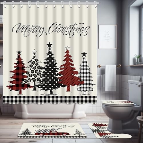 Capoda Plaid 4-Piece Merry Christmas Bath Set: Shower Curtain, 12 Hooks, Non-Slip Rug, Toilet Lid Cover & U-Shape Mat
