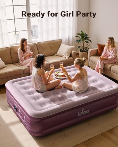 Pink Lilac Queen Air Mattress with Built-in Pump - 18 Inch Blow Up Bed