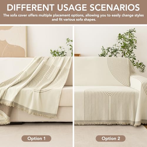 Boho Couch Cover for Sofa - 71x102 Inch Washable Chenille Protector with Variation Arc Cream