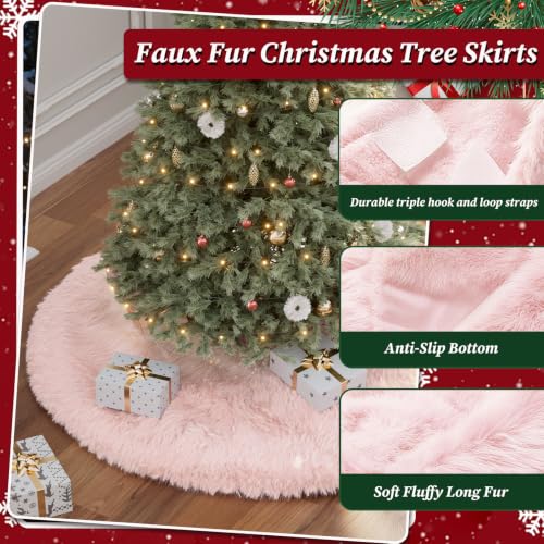 BSSN Upgraded Pink Faux Fur Christmas Tree Skirt - 60 Inch Plush Holiday Base Cover