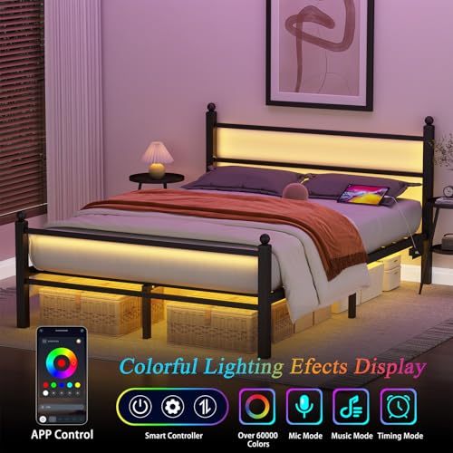 Full Size Bed Frame with Headboard & Footboard Black Metal Platform with LED & USB