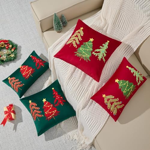 Red Velvet Embroidery Christmas Pillow Cover 12x20 Inch, Pack of 1