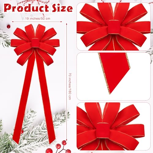 2 Pieces Extra Large Red Velvet Christmas Bows 70 x 19 Inches with Gold Glitter Edge - 6-Loop Decor