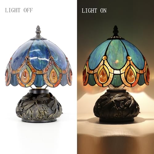 Mini Tiffany Mushroom Table Lamp - Peacock Crystal Accent Nightlight 11 Inch