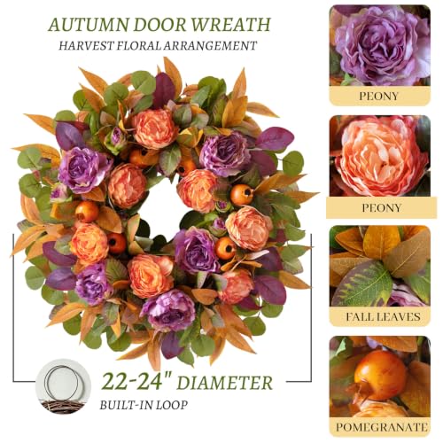 24 Inch Fall Wreath for Front Door with Orange & Purple Peony - Autumn Decor