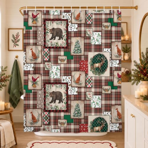 Wathon Christmas Plaid Shower Curtain with Woodland Lodge Cabin Design, 70x70 inches