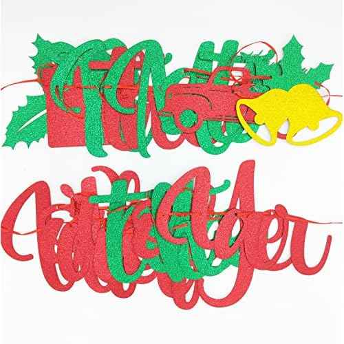 Red Green Glitter It's The Most Wonderful Time of The Year Banner with Holly Berry Xmas Tree Bells Christmas Holiday Party Banner Merry Christmas Holly Jolly Winter Party Mantle Decorations