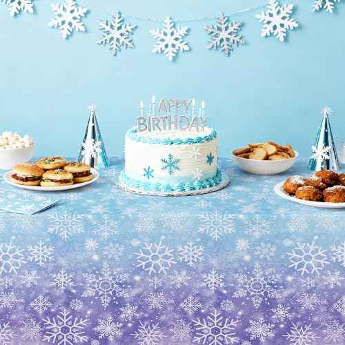 Winter Snowflake Party Tablecloth Decorations, 3 Pack Disposable Frozen Blue Purple Snowflake Wonderland Tablecover Supplies for Christmas, New Year, Baby Shower, Birthday, 86in x 55in