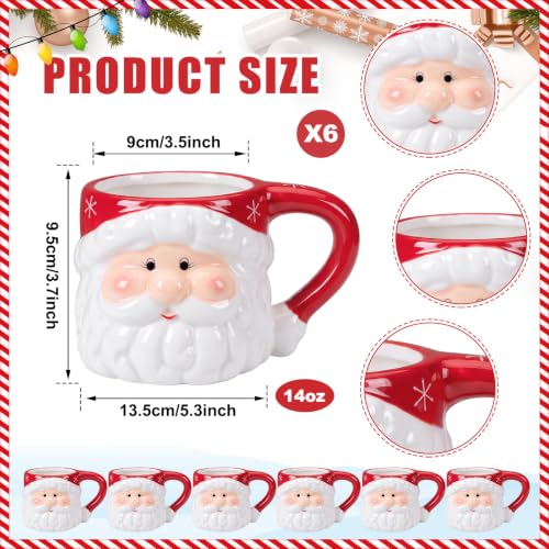 Sliner 6 Pack Red 14oz Santa Coffee Mugs - Christmas Ceramic Cup Set