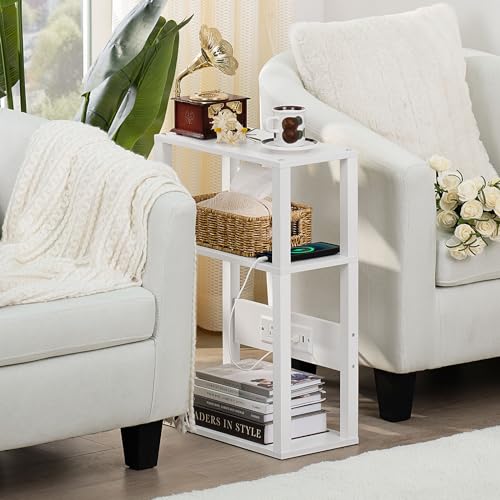 YUFAM White 3-Tier Narrow Bedside Table with Charging Station - Small Nightstand