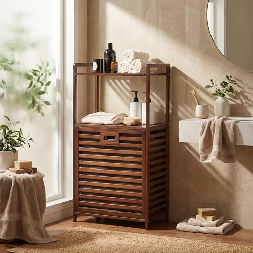 Brown 2-Tier Tilt-Out Bamboo Laundry Hamper with Storage Shelf - Foldable