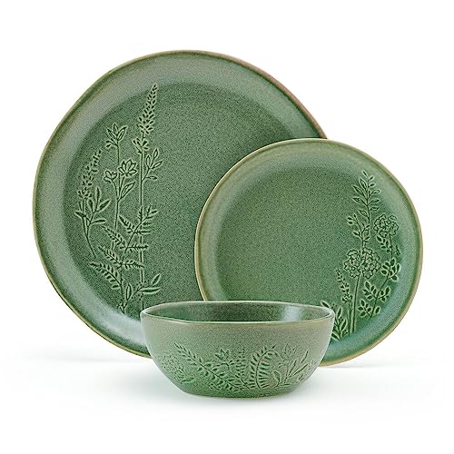 12-Piece Dinnerware Set Service for 4 - Green Floral Stoneware