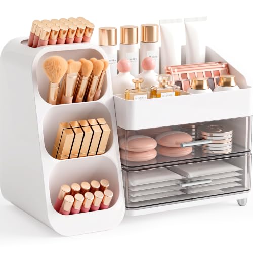 Booklov Large Makeup Organizer with Drawers and Compartments - Crystal White, L01