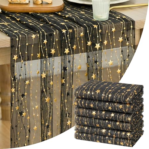 Artoid Mode 28x120 Inch 6pc Black Gold Glitter Gauze Table Runner Set