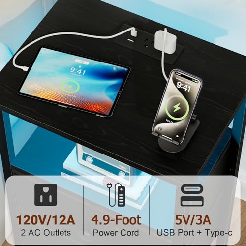 LOAKEKEL Black Two-Drawer LED Nightstand with Charging Station
