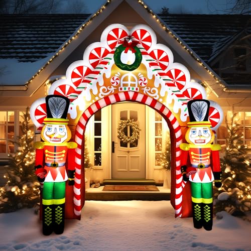 WBHome 10 Ft Christmas Inflatable Gingerbread Candy House with Nutcrackers & LED Lights, Outdoor Yard Decor