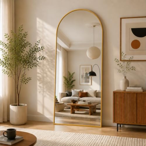 Arched Full Body Gold Mirror with Stand, 65"x24", Floor, Wall or