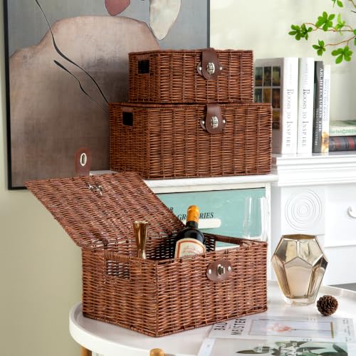 Natural Woven Wicker Storage Basket Set with Lids Handles - Nursery & Home Organizer
