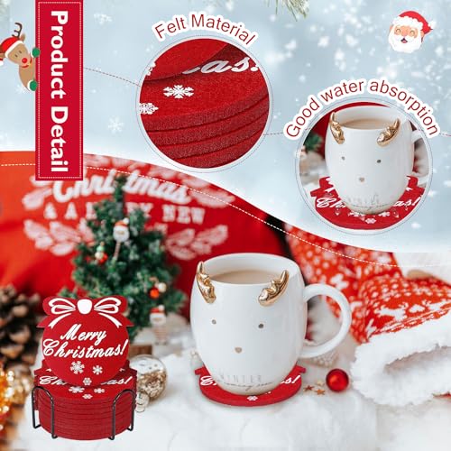 12 Pack Red Christmas Snowflake Felt Coasters - Absorbent Non-Slip 3.9in for Winter Holiday Decor