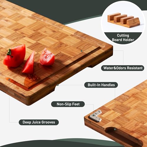 Heavy Duty Bamboo Cutting Board Set of 3 - Non Slip, Thick End Grain Kitchen Chopping Boards, Multiple Sizes
