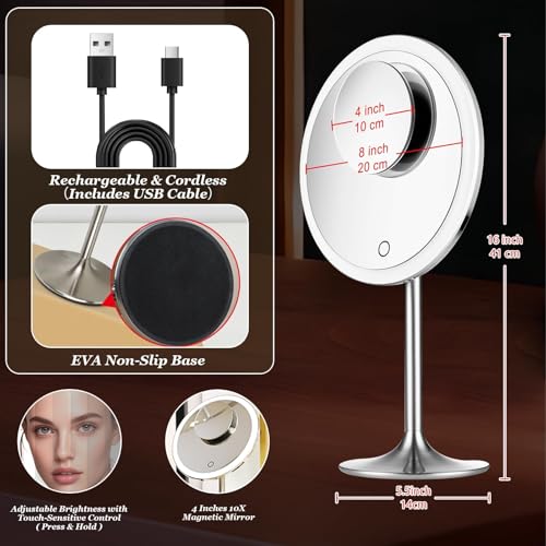 9-Inch Makeup Vanity Mirror with Lights & 5X/10X Magnification - Magnetic, Rechargeable, 90° Adjustable, Metal Frame, 16in Length - Black