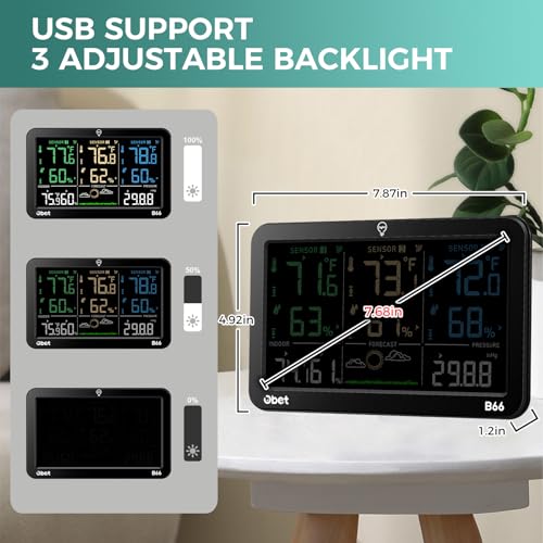 Wireless Weather Station with 3 Sensors, Large Color Display, Indoor Outdoor Temp & Humidity - Black Large