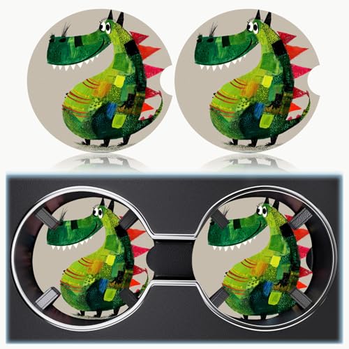 Ceramic Car Cup Holder Coasters Set of 2, 2.56 in Green Dinosaur