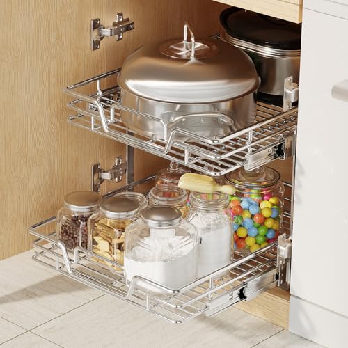 QUYUWU 15" W x 21" D 2-Tier Pull-Out Kitchen Cabinet Shelf Organizer