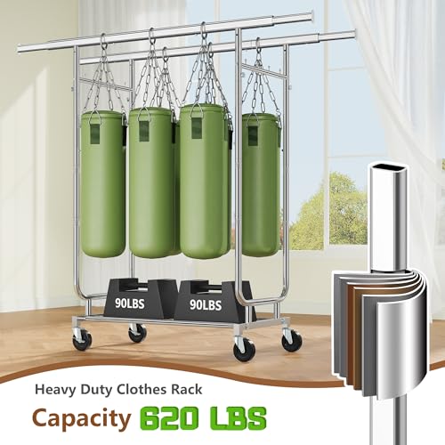 Heavy Duty Rolling Clothes Rack with Storage Shelf - Silver, 620 LBS Capacity, Adjustable Double Rod