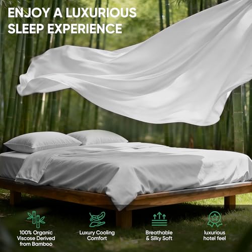Queen Size Bamboo Viscose Bed Sheets Set with Deep Pockets - Gray, Silky Soft & Breathable