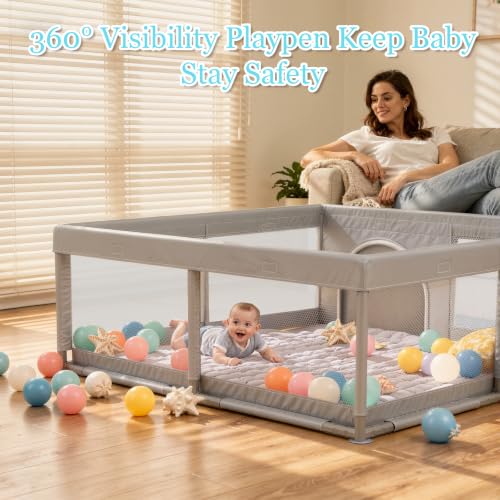 JINXIA 50x50 Inch Baby Playpen - Light Grey, Soft Skin-Safe Fabric, Baby & Toddler Safety Enclosure
