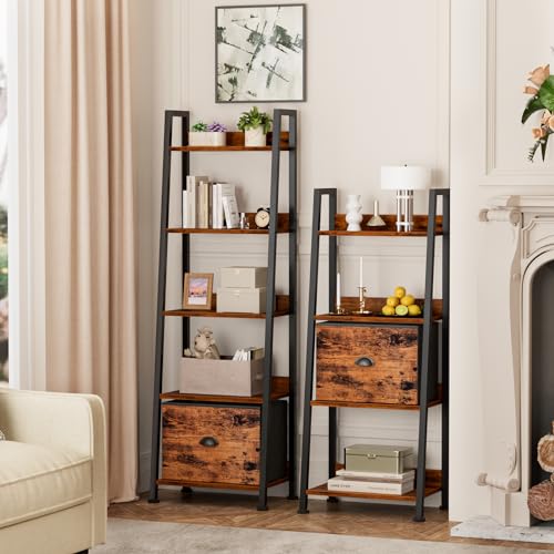 Furologee Rustic Brown 5-Tier Ladder Shelf with Fabric Drawer - Space-Saving Storage