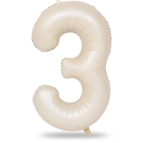 40 Inch Beige Large Numbers Balloons 3, Self Inflating Ivory White Digit 3 Helium Balloons for 3rd Girls, Cream Foil Mylar Number Balloons 0-9 for Women Birthday Party Anniversary Supplies Decorations