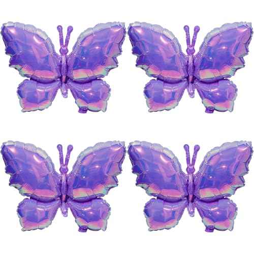 Rainbow Crystal Iridescent Purple Woodland Butterfly Balloon, Sparkle Charmingly 4 Pack Butterflies Balloons For Wedding Birthday Baby Shower Spring Summer Party Decorations Supplies