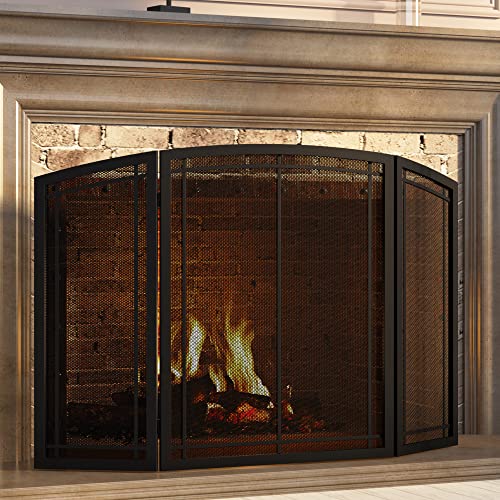FireBeauty 3-Panel Wrought Iron Fireplace Screen 48x30 Inch Black Safety Guard