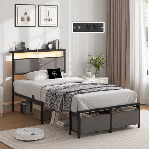 Twin Size Storage Bed Frame with 2 Fabric Drawers and Charging Station