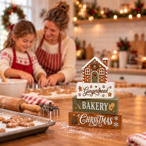 Gingerbread Tiered Tray Decor – Wooden Blocking Set for Festive Farmhouse Display