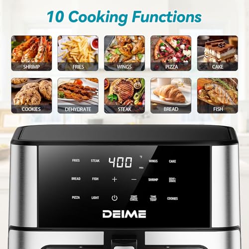 Deime 10.2 QT Air Fryer Silver 1700W with 10 Presets, Visual Cooking Window